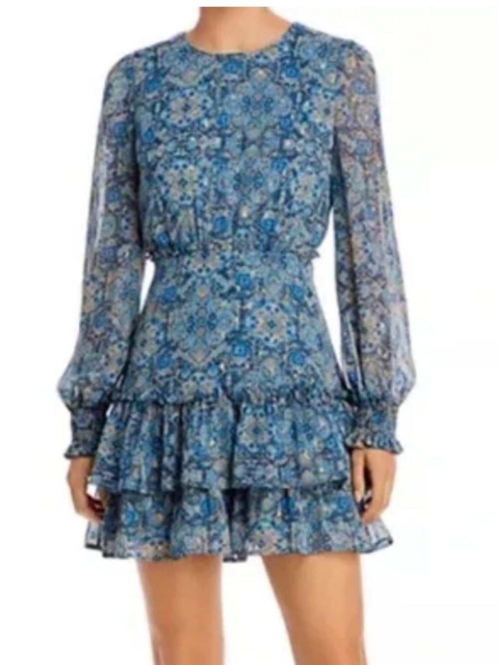 Aqua Blue Printed Long-Sleeve Ruffle Mini Dress